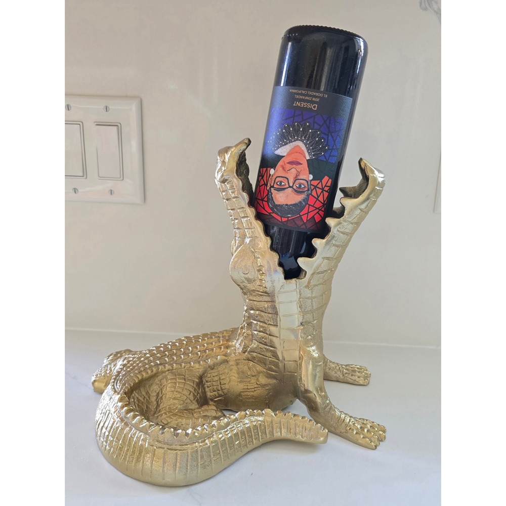 New Gold Alligator Wine Bottle Holder Crocodile Sculpture Tabletop Bar Decor